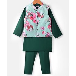 Babyhug Woven Full Sleeves Kurta Pajama Set With Printed Jacket - Green