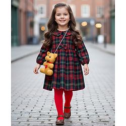 Babyhug Cotton Woven Full Sleeves Checkered Tiered Frock With Legging & Teddy Sling  - Red