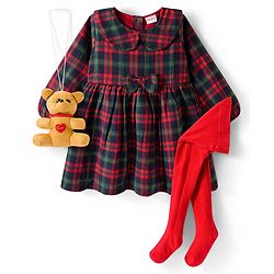Babyhug Cotton Woven Full Sleeves Checkered Tiered Frock With Legging & Teddy Sling  - Red
