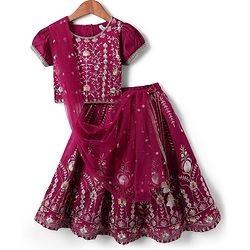 Babyhug Woven Half Sleeves Choli Lehenga & Dupatta Set With Floral Embroidery - Fuchsia