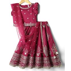 Babyhug Woven Frill Sleeves Choli Lehenga With Dupatta Set & Floral Embroidered - Maroon