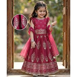 Babyhug Woven Frill Sleeves Choli Lehenga With Dupatta Set & Floral Embroidered - Maroon