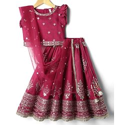 Babyhug Woven Frill Sleeves Choli Lehenga With Dupatta Set & Floral Embroidered - Maroon