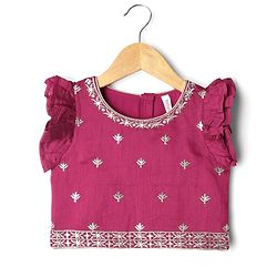 Babyhug Woven Frill Sleeves Choli Lehenga With Dupatta Set & Floral Embroidered - Maroon
