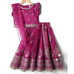 Babyhug Woven Frill Sleeves Choli Lehenga With Dupatta Set & Floral Embroidered - Maroon