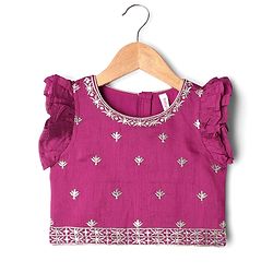 Babyhug Woven Frill Sleeves Choli Lehenga With Dupatta Set & Floral Embroidered - Maroon