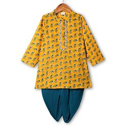 Babyhug Cotton Woven Full Sleeves Kurta Dhoti Set With Floral Print - Mustard