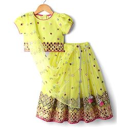 Babyhug Woven Puffed Sleeves Choli Lehenga & Dupatta Set With Mirror Embriodery - Yellow