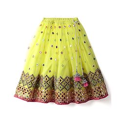 Babyhug Woven Puffed Sleeves Choli Lehenga & Dupatta Set With Mirror Embriodery - Yellow