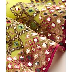 Babyhug Woven Puffed Sleeves Choli Lehenga & Dupatta Set With Mirror Embriodery - Yellow
