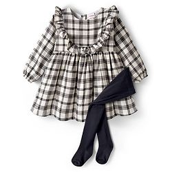 Babyhug Cotton Woven Full Sleeves Checkered Frock With Legging & Frill Detailing - Black