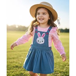 Babyhug Cotton Woven Frock with Full Sleeves Heart Printed Top & Bunny Embroidery - Blue