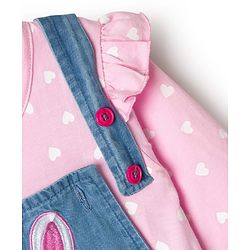 Babyhug Cotton Woven Frock with Full Sleeves Heart Printed Top & Bunny Embroidery - Blue