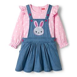 Babyhug Cotton Woven Frock with Full Sleeves Heart Printed Top & Bunny Embroidery - Blue