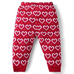Babyhug Sweater Knit Full Length Woollen Bottom With Heart Print - Red