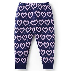 Babyhug Sweater Knit Full Length Woollen Bottom With Heart Print - Navy Blue