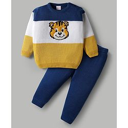 Babyhug Knit Full Sleeves Pullover Sweater Set with Tiger Patch & Color Block Detailing - Navy Blue White & Yellow