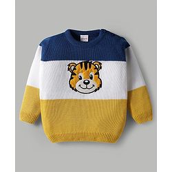 Babyhug Knit Full Sleeves Pullover Sweater Set with Tiger Patch & Color Block Detailing - Navy Blue White & Yellow