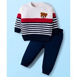 Babyhug Knitted Full Sleeves Sweater Set With Teddy Bear Patch - Red Navy Blue & White