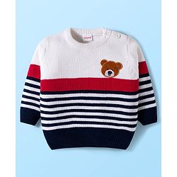 Babyhug Knitted Full Sleeves Sweater Set With Teddy Bear Patch - Red Navy Blue & White