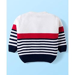 Babyhug Knitted Full Sleeves Sweater Set With Teddy Bear Patch - Red Navy Blue & White