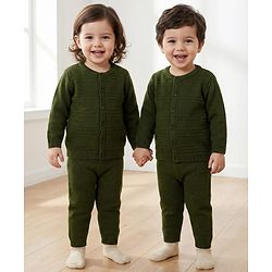 Babyhug Knit Full Sleeves Solid Color Front Open Sweater Set - Green