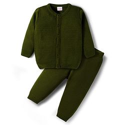 Babyhug Knit Full Sleeves Solid Color Front Open Sweater Set - Green