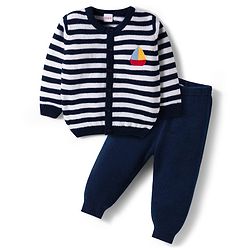 Babyhug Knit Full Sleeves Sweater  Set With Stripes - Navy Blue