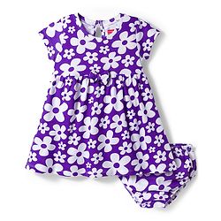 Babyhug Cotton Knit Half Sleeves Frock With Floral Print & Bloomer - Purple
