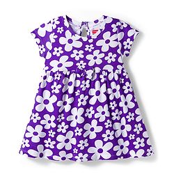 Babyhug Cotton Knit Half Sleeves Frock With Floral Print & Bloomer - Purple