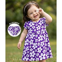 Babyhug Cotton Knit Half Sleeves Frock With Floral Print & Bloomer - Purple