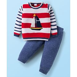 Babyhug Knit Full Sleeves Striped Pullover Sweater Set with Ship Patch Detailing - Red