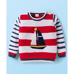Babyhug Knit Full Sleeves Striped Pullover Sweater Set with Ship Patch Detailing - Red
