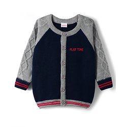 Babyhug Knitted Full Raglan Sleeves Front Open Sweater With Cable Knit Design - Navy Blue