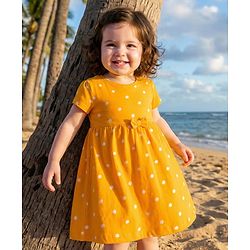 Babyhug Cotton Knit Half Sleeves Frock With Bloomer With Polka Dot - Yellow