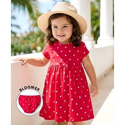 Babyhug Cotton Knit Half Sleeves Polka Dot Printed Frock With Bow Applique & Bloomer - Red