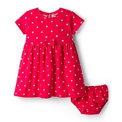 Babyhug Cotton Knit Half Sleeves Polka Dot Printed Frock With Bow Applique & Bloomer - Red