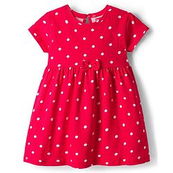 Babyhug Cotton Knit Half Sleeves Polka Dot Printed Frock With Bow Applique & Bloomer - Red