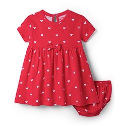 Babyhug Cotton Knit Half Sleeves Heart Printed Frock With Bow Applique & Bloomer - Red