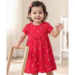 Babyhug Cotton Knit Half Sleeves Heart Printed Frock With Bow Applique & Bloomer - Red