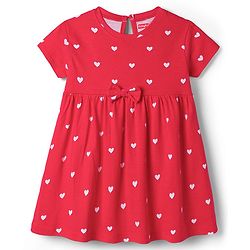 Babyhug Cotton Knit Half Sleeves Heart Printed Frock With Bow Applique & Bloomer - Red