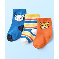 Cute Walk By Babyhug Knit Ankle Length Anti Bacterial Socks With Stripes & Animal Design Pack of 3 - Orange White & Blue