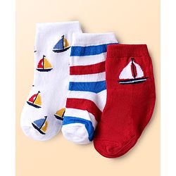 Cute Walk by Babyhug Knit Ankle Length Antibacterial Socks With Stripes & Nautical Design Pack Of 3 - Red & White