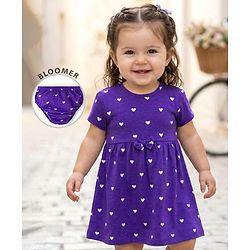 Babyhug Cotton Knit Half Sleeves Frock With Heart Print & Bloomer - Purple