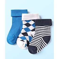 Cute Walk By Babyhug Knit Ankle Length Anti Bacterial Socks With Checks & Stripes Pack of 3 - White Navy & Medium Blue