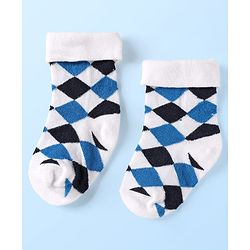 Cute Walk By Babyhug Knit Ankle Length Anti Bacterial Socks With Checks & Stripes Pack of 3 - White Navy & Medium Blue