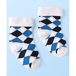 Cute Walk By Babyhug Knit Ankle Length Anti Bacterial Socks With Checks & Stripes Pack of 3 - White Navy & Medium Blue