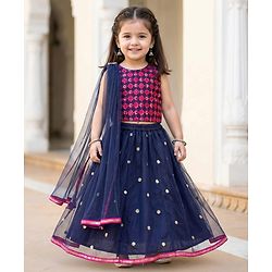 Babyhug Woven Sleeveless Choli Lehenga & Dupatta Set With Sequin Embriodery - Navy Blue