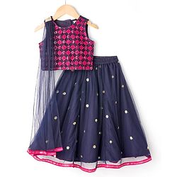 Babyhug Woven Sleeveless Choli Lehenga & Dupatta Set With Sequin Embriodery - Navy Blue
