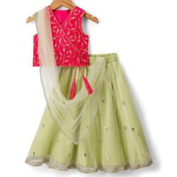 Babyhug Woven Sleeveless Choli Lehenga & Dupatta Set With Sequin Detailing - Green